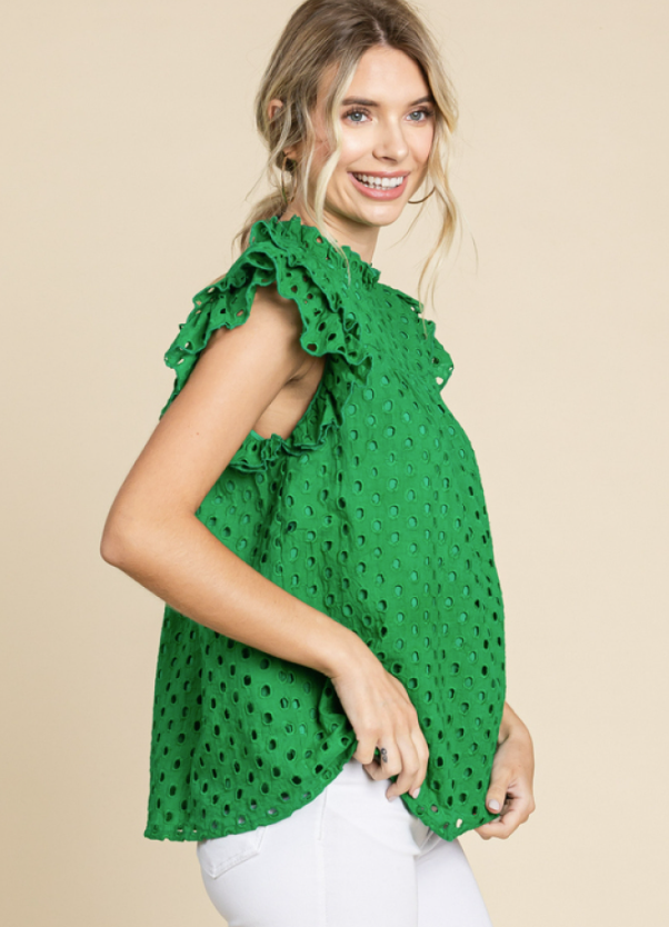 Ruffle sleeve eyelet top green