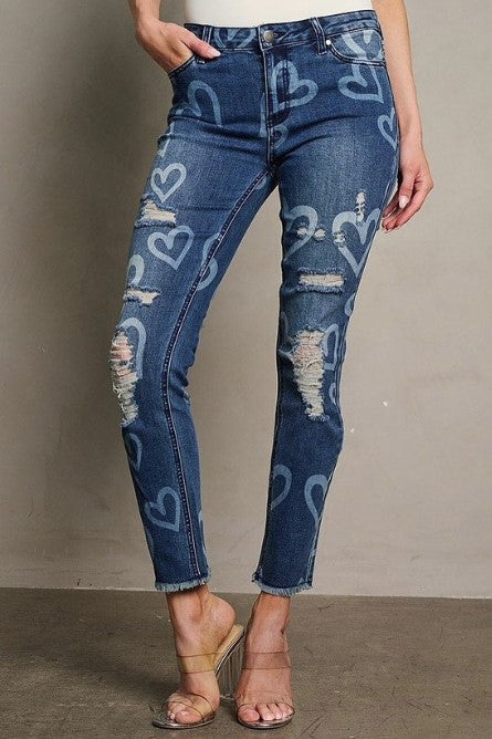 Button Heart Print Distress Denim Skinny Pants