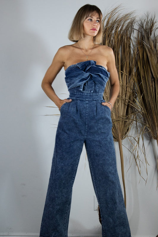 Denim Bow Twisted Back Smocked Zipper Jumpsuit 💙