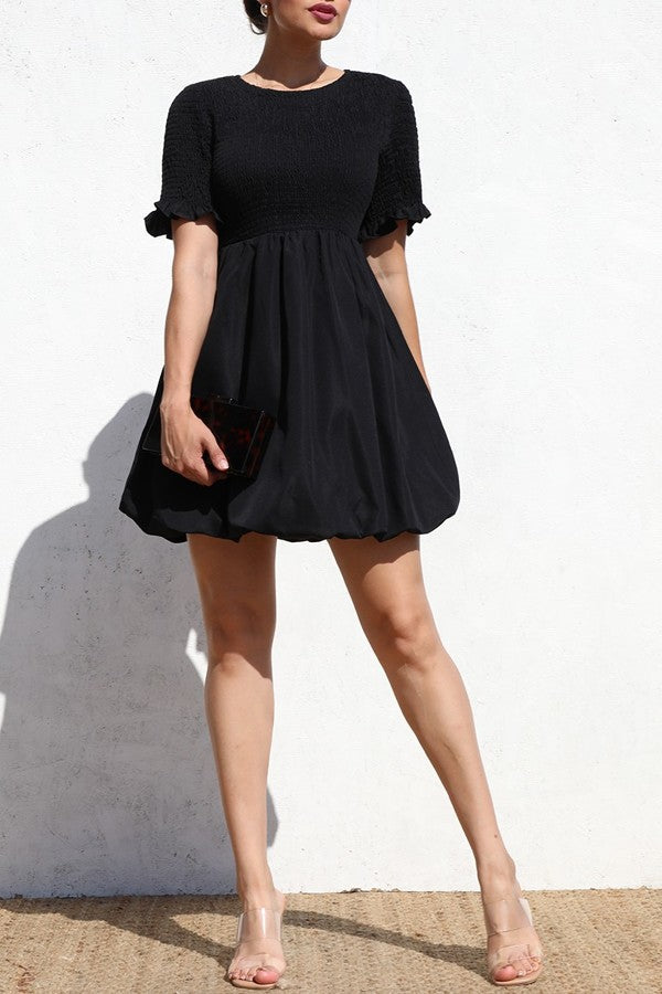 SMOCKED TOP WOVEN BUBBLE DRESS BLACK