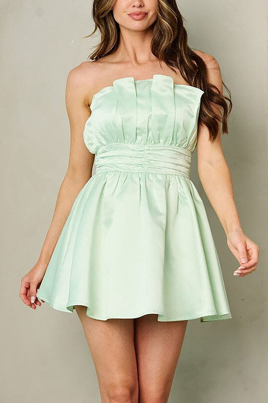 Sleeveless tube satin mini dress in mint color