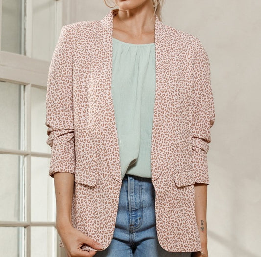 Blazer with gathered collar and sleeves, animal print and soft pink