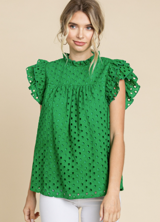 Ruffle sleeve eyelet top green