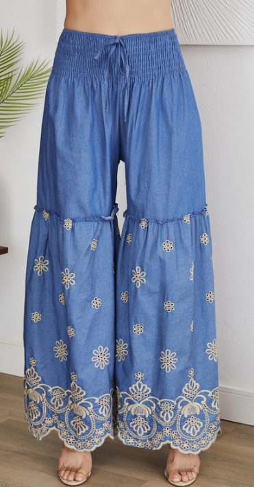 Smoked Waist Wide Leg Pant With Gold Floral Embroidery Detail