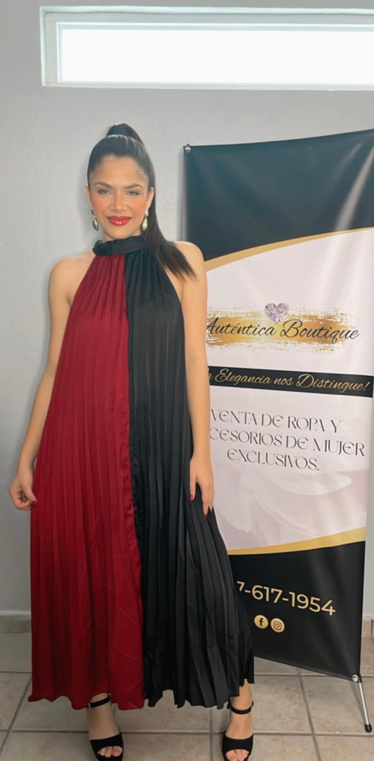 DRESS WITH TWO-TONE BLOCK PLEATS AND BOW