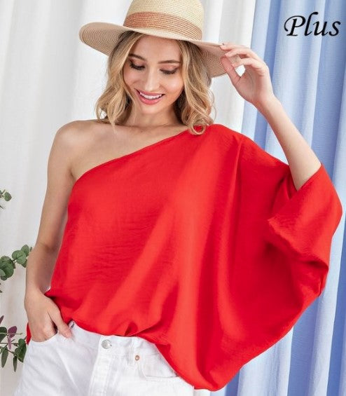 Red half-shoulder shirt plus size